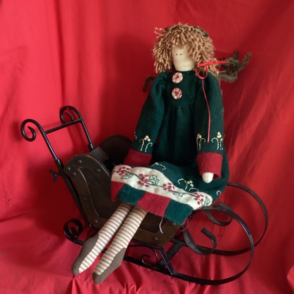 Vintage Wood Wicker And Wrought Iron Sleigh with Delton Products Christmas Doll